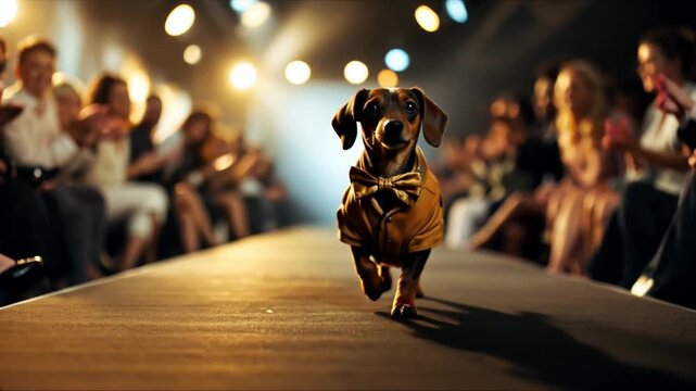 Dog model on runway with audience fashion show concept studio lighting