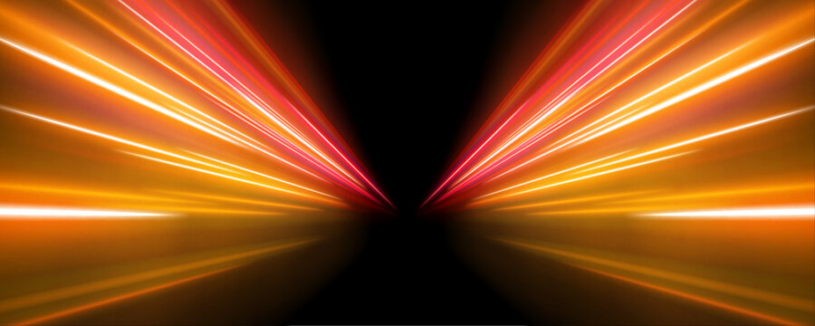 Neon stripes in the form of drill, turns and swirl. Speed of light concept background. Abstract background rotational border lines.	