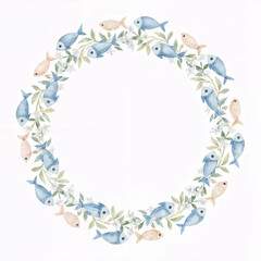 Obraz premium Watercolor first communion wreath frame with ichthys fish and sea elements