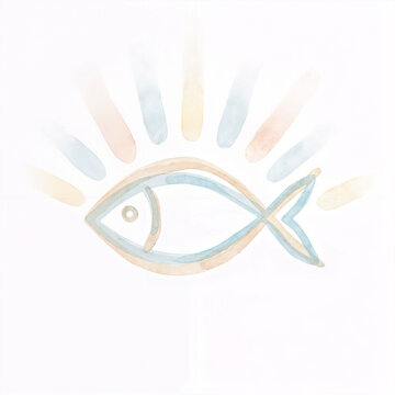 Minimal watercolor christian fish ichthys icon with soft rays