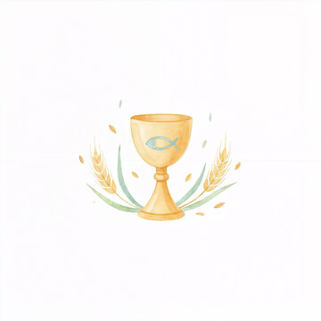 Minimal watercolor communion chalice with wheat for invitation design