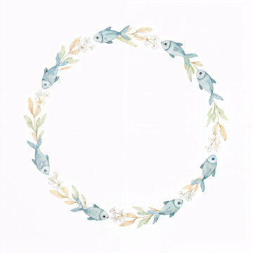 Minimal watercolor communion wreath border with fish symbols and leaves