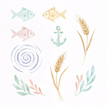 Watercolor first communion clipart set with ichthys fish, anchor and wheat