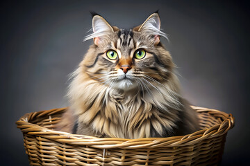 Cute Tabby Cat with Yellow Green Eyes in Woven Basket.