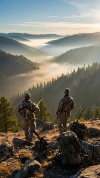 Two hunters scouting for prey in a misty mountain valley landscape, hunting season, wildlife observation, adventure travel Vertical video