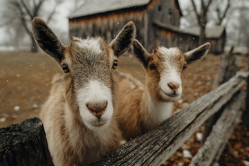 Obraz premium Two goats stand near a wooden fence on a farm during a light snowfall in winter