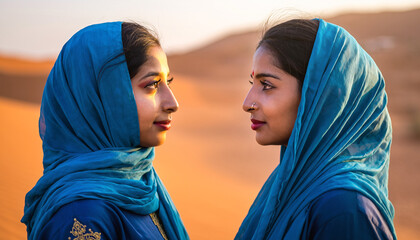 two women wearing blue