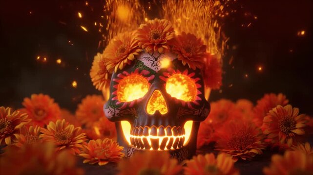 Day of the Dead Sugar Skull with Marigold Flowers Glowing Cinematic