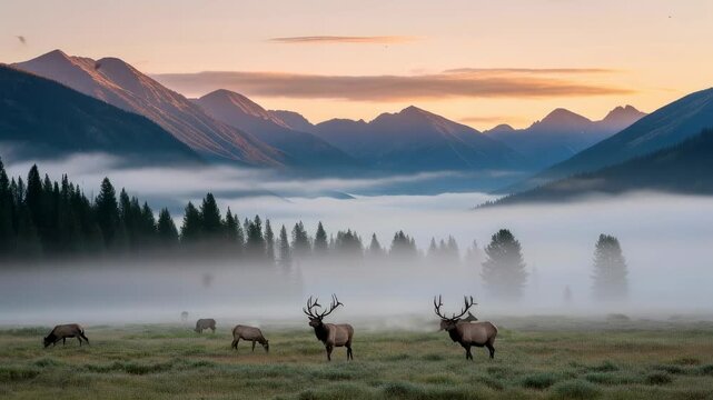 Sunrise over misty valley with elk herd grazing in meadow, alpine landscape at dawn. wildlife, nature.