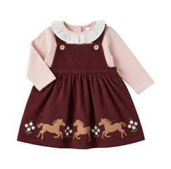 Obraz premium Baby girls burgundy pinafore dress with horse embroidery and pink long sleeve shirt