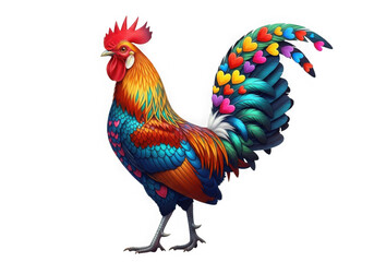 Fototapeta premium Colorful rooster with heart feathers isolated on transparent background isolated on transparent background