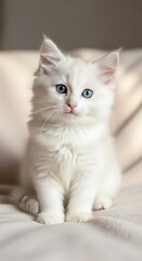 Adorable White Kitten with Striking Blue Eyes Sitting Comfortably.