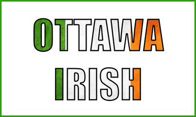 Bold Ottawa city typography filled with Irish flag colors on a clean background. Ideal for heritage themes, travel designs, and cultural graphics.