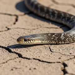 Fototapeta premium Snake on Cracked Earth - A Close-Up View of Wildlife in Arid Conditions.