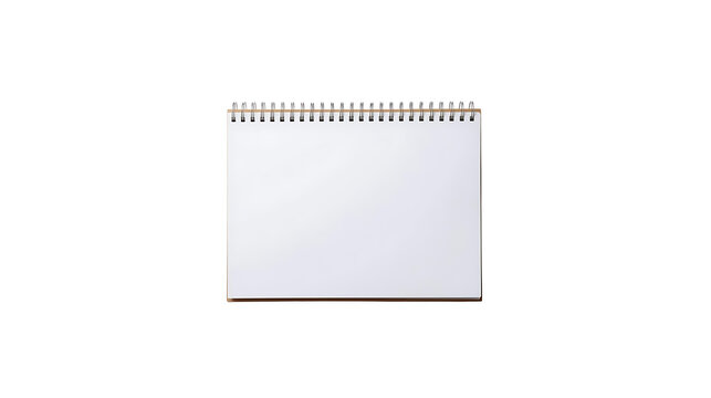 A horizontal, top-spiral-bound notebook with plain white pages stands open and empty, ready for writing or drawing against a pristine white background.