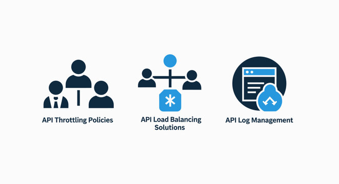 API management icons: throttling policies, load balancing solutions, and log management, featuring teamwork and data flow concepts
