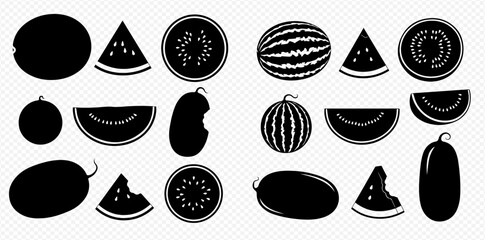 Set of various watermelon silhouettes, whole, sliced, and bitten pieces, isolated on transparent background.