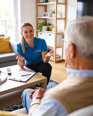 Obraz premium Smiling female healthcare worker or advisor meeting with elderly man at home, offering personalized support and care services