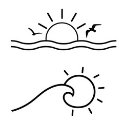 Minimalist Ocean Line Art: Sunset and Crashing Wave Vector Set