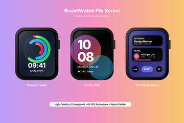 A vibrant and sleek showcase featuring three modern smartwatch UI variations. The visual utilizes a premium purple-to-orange gradient background to highlight 'Fitness Tracker', 'Artistic Fluid', and 