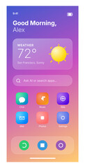"A vibrant and sleek smartphone user interface featuring a glassmorphism-inspired weather widget and AI-driven search functionality. The design utilizes a warm sunset-toned gradient and clean, rounded