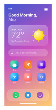 "A vibrant and sleek smartphone user interface featuring a glassmorphism-inspired weather widget and AI-driven search functionality. The design utilizes a warm sunset-toned gradient and clean, rounded
