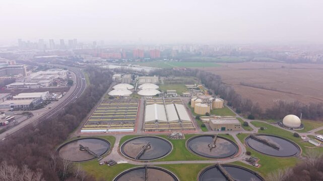 Aerial view of a modern wastewater treatment plant