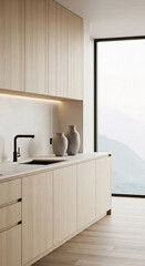 Bright kitchen interior with wooden cabinets, countertop, black faucet, and vases. Represents a modern, minimalist design, showcasing style and functionality