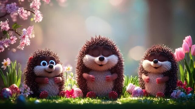A family of hedgehogs dancing among colorful spring flowers and red and white Easter eggs, in an animated scene perfect for greeting cards, festive events, and joyful Easter celebrations.