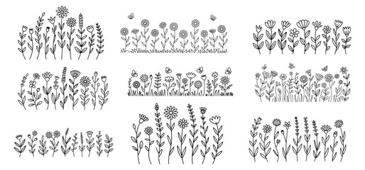 Hand drawn wildflower border vector collection, Minimalist floral line art meadow elements, Botanical wildflower border vector set, Wildflowers and grasses, Presented in a black and white