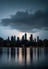 Fototapeta premium Cityscape Reflections - A Moody Skyline at Dusk.