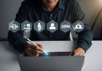 Person using a tablet with digital pen and icons representing various business functions above it