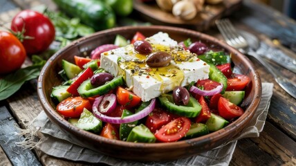 A dish of Greek cuisine.
Choriatiki (Greek: &chi;&omega;&rho;&iota;ά&tau;&iota;&kappa;&eta; &sigma;&alpha;&lambda;ά&tau;&alpha;), which means "rustic salad". This is a classic dish of Greek cuisine.