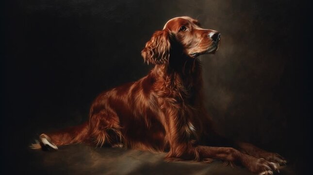 Loyal canine companion: The majestic Irish setter, with its rich, russet coat, lies in a graceful pose, showcasing elegance and loyalty, capturing the essence of the dog.