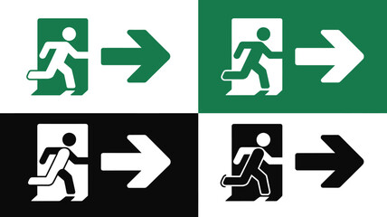 Emergency Exit Way Out Safety Signage Set with Running Man Icon and Arrow Directional Symbols for Building Compliance and Security Standards
