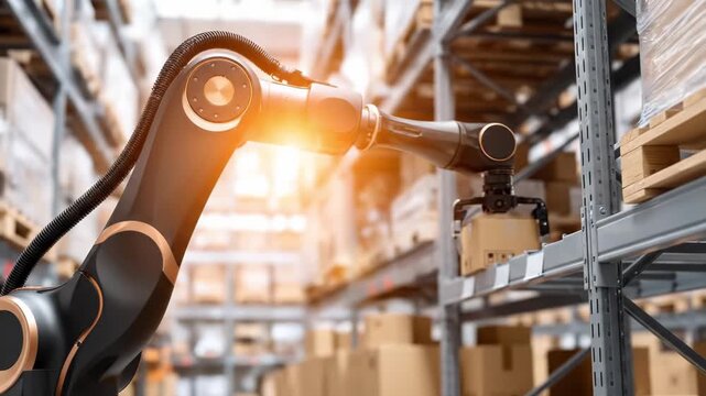 Robotic Arm Handling Package in Modern Warehouse Setup