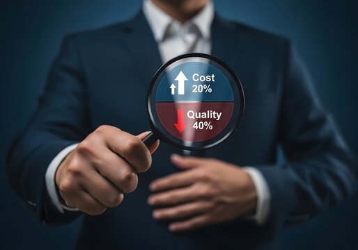 A businessman holding a magnifying glass showing cost increase and quality decrease in a diagram view