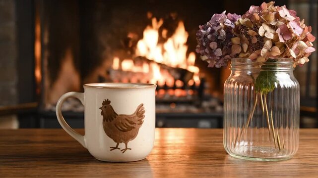 A ceramic mug with a chicken illustration sits beside a vase of hydrangeas on a wooden table with a fireplace in the background