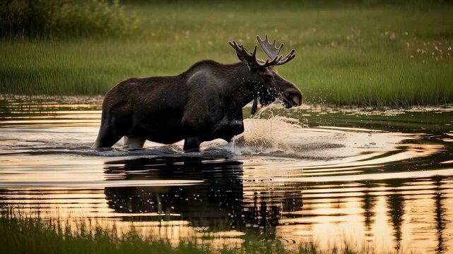 Moose wading across a river at sunset displaying movement and splashing water in golden light, wildlife in nature