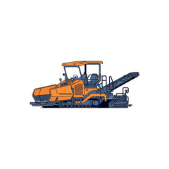 An illustration depicts a large orange road construction machine on tracks in action outdoors.