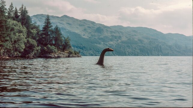 1970s color photojournalism image of Loch Ness Monster in the water hoax fake news conspiracy theory mystery fiction science fiction pop culture dinosaur background with copy space