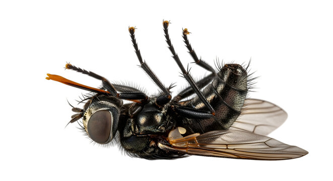 A spider catching a fly with its legs outstretched in a dark setting