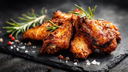 Crispy spiced chicken wings with rosemary garnish on slate platter.