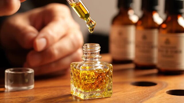 Close up of essential oil being dropped into a small perfume bottle with amber bottles in background