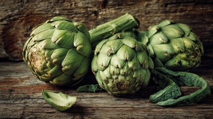 Obraz premium Fresh artichokes on rustic wooden surface.