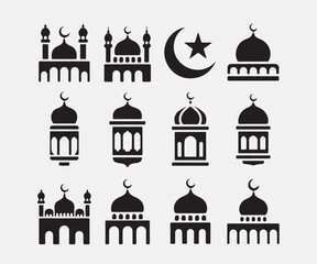 Obraz premium Black Islamic architecture icons including mosques and a crescent moon symbol.