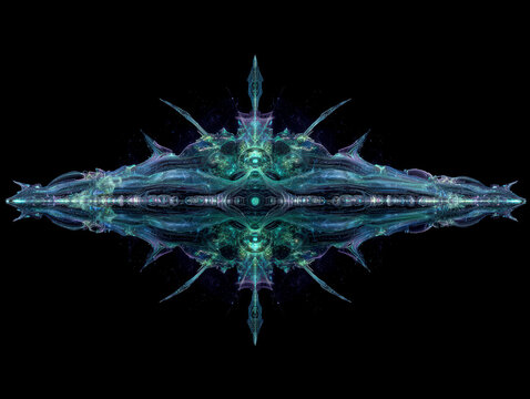 A 360 degree map showcases a biomechanical plasma spear with pulsing cyan-green energy veins, floating near an intricate submarine-like vessel in dark water The vessel is a large, symm - AI-Generated