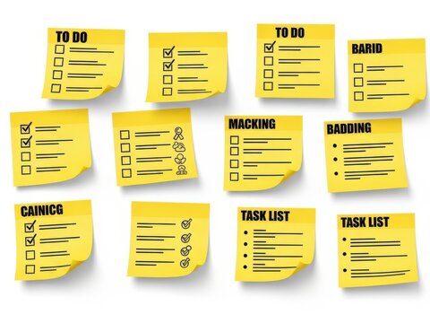 Colorful sticky notes with various task lists and checkboxes