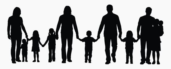 Silhouette of Generations: A heartwarming depiction of diverse families hand in hand, symbolizing the bonds of love and the continuity of generations.