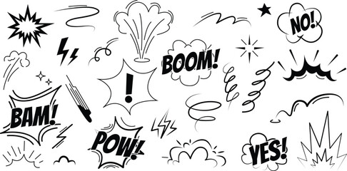 Comic doodle explosion and speech bubble effects set, vector Eps 10. © Hanan